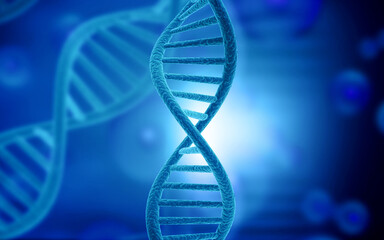 DNA, or deoxyribonucleic acid, double helix structure on scientific background. 3d illustration