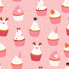 Seamless pattern with different Christmas cupcakes in pink color scheme. Vector graphics.