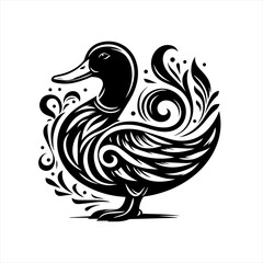 Obraz premium Stylized black duck silhouette with decorative swirls and feathers