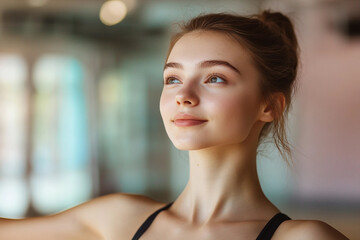 Elegant young ballerina posing gracefully in studio with soft lighting and calm expression, generative ai