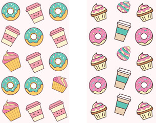 Donuts, Cupcakes, and Coffee Pattern – Sweet Treats Vector Background
