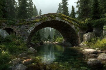 Ancient stone arch bridge over a tranquil mountain stream, lush forest backdrop