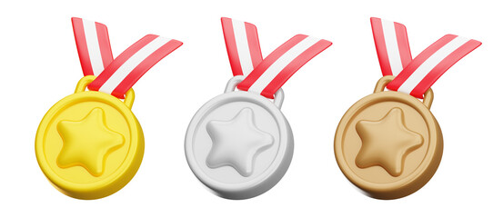 Gold, silver and bronze medals hanging with red and white ribbons