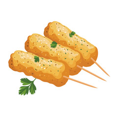 Delicious Korean Fish Cake Skewers with Sesame Seeds and Parsley on White Background Food Photography