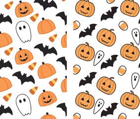 Halloween Pattern – Pumpkins, Bats, Ghosts, and Candy Corn Vector Background