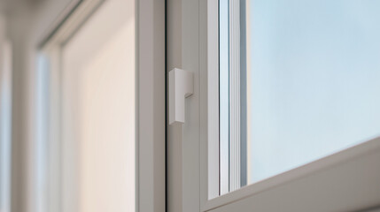 Minimalist white window frame with translucent panels filtering soft daylight.