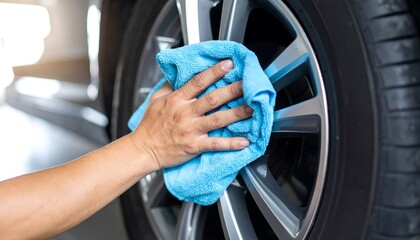 Hand cleaning a car wheel with a blue cloth