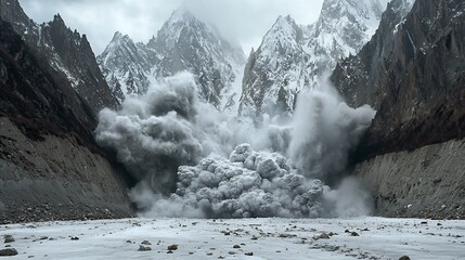 Avalanche cascading down a snow covered mountain plumes of snow and ice swirling as massive forces of nature collide with raw power