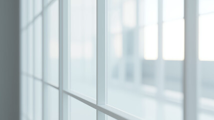 Minimalist white window frame with translucent panels filtering soft daylight.