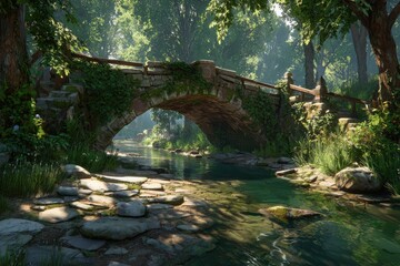 Lush forest stream with ancient stone bridge