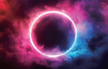 Obraz premium A large red and blue circle with smoke surrounding it. The smoke is purple and pink. The circle is surrounded by a dark blue background