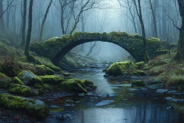 Misty forest bridge over a stream