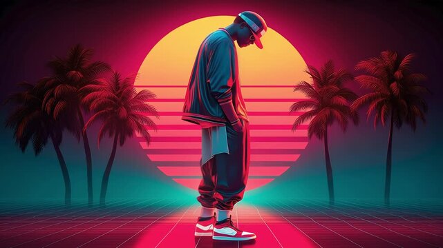 Synthwave Hip Hop Style Man at Sunset with Palm Trees