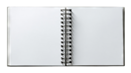 Open spiral notebook mockup — blank coil-bound notepad isolated with clipping path on transparent background, high-resolution PNG cutout for branding, stationery design, product presentations