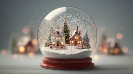 Snow Globe Home. Christmas Town and Tree in Magical Winter Wonderland