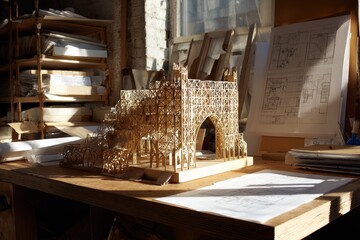 Architectural Model on Table by Window with Papers. Design concept for a structure