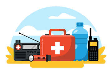 Emergency preparedness kit illustration featuring first aid box radio water and walkie talkie for disaster planning