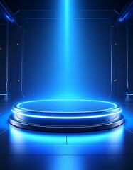 Futuristic blue-lit circular platform in a dark, metallic room