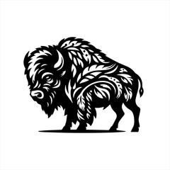 Obraz premium Stylized black and white bison silhouette with floral ornaments