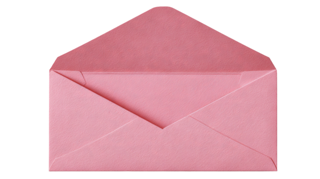 Opened pink paper envelope mockup isolated on transparent background, high-resolution PNG cutout ideal for stationery design, wedding invitations, branding presentations and product mockups