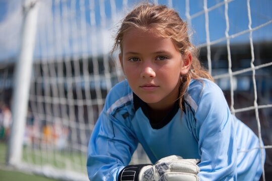 Soccer Goalie Girl. Teenage Female Athlete Playing Goalie on Soccer Field