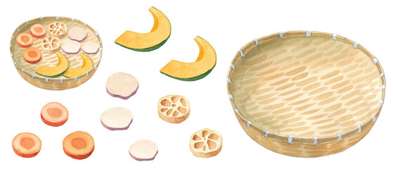 干し野菜の水彩イラスト。ザルとスライスした野菜の構成要素のセット。（人参、レンコン、サツマイモ、かぼちゃ） 