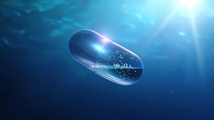 Futuristic translucent capsule floating against a blue medical backdrop with light refraction.