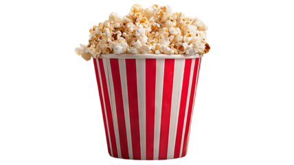 Overflowing red-and-white striped popcorn bucket isolated on transparent background — high-resolution PNG cutout with clean clipping path, perfect for cinema night, movie theater snack visuals