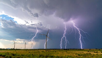 Dramatic lightning strikes illuminate a field of wind turbines under a stormy sky