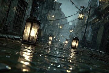 Gloomy, rain-slicked alleyway lit by oil lamps