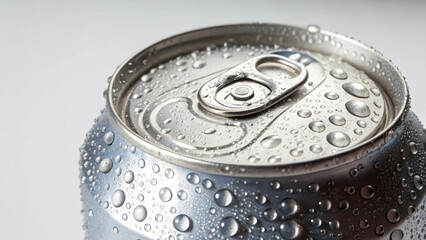 Ultra cold beverage can with water droplets showing condensation process on metal surface, symbolizing processed food refreshment