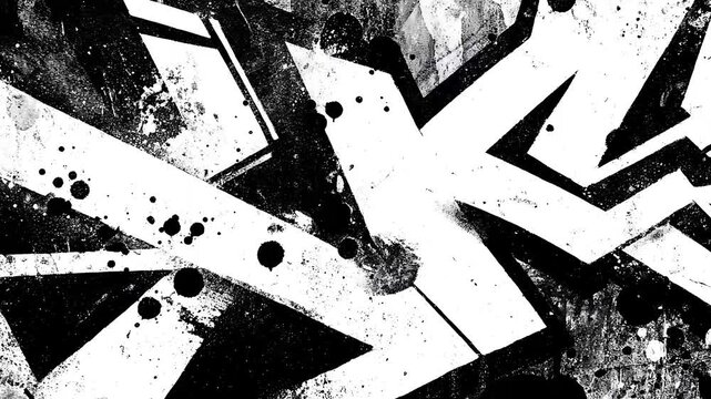 Abstract black and white animated background with letters and spots. Abstract graffiti motion animated background.