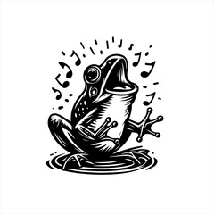 Singing frog with musical notes in a black and white woodcut style