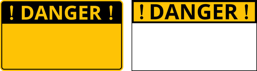 Warning caution danger vector signs. Attention sign, warning sign, caution sign, danger sign. Exclamation mark. Yellow warning caution sign text space area message box sticker label goods commodity.