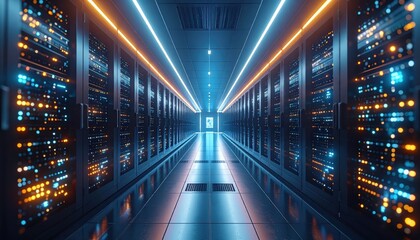 Fototapeta premium Futuristic server room with glowing lights, showcasing data storage and network infrastructure.