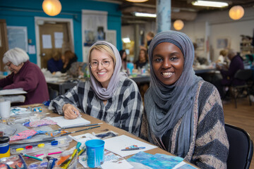 Midmorning in a workshop space with art supplies scattered about. Participants create crafts inspired by their cultural backgrounds
