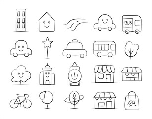 City and Transportation Doodle Outline Icons – Minimal Urban and Eco-Friendly Line Art for Web, Mobile Apps, and Printable Designs