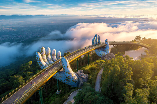 Golden Bridge of the Hand of God on mountain in Da Nang in Vietnam at sunrise on a summer morning. Landscape with a top aerial view from above on famous landmark in Asia - Powered by Adobe