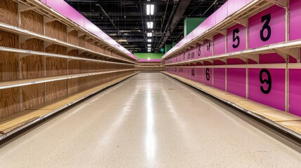 Obraz premium Empty Supermarket Shelves with Pink Panelling in Store Aisle with Marble Floor