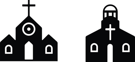 Church building icon set. A collection of flat black vector illustrations representing various church structures in a simple design.Stroke and perfect pixel isolated on transparent background.