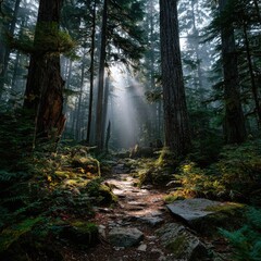 Obraz premium Sunbeams pierce a misty, moss-covered forest trail