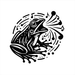 Stylized black and white illustration of a frog singing with musical notes