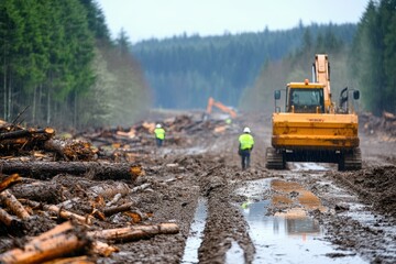 Heavy Machinery Working on Forest Logging Road in Spring Weather