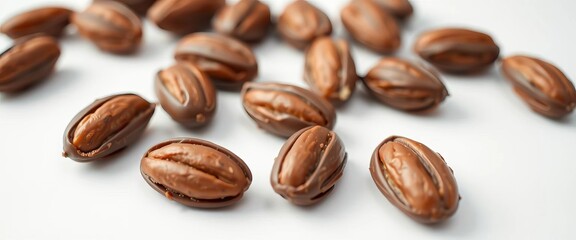 Obraz premium Close-up of decadent chocolate-covered caramelized almonds on a pristine white background, snack, foodie