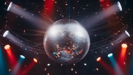 A sparkling disco ball suspended in a vibrant party atmosphere with colorful lights and reflections - Powered by Adobe