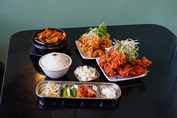 Korean food and Spicy korean chicken wings,jajangmyeon,bibimbap,oden,Samgyeopsal,delicious Korean traditional food.