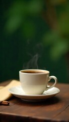Fototapeta premium Generative AI image: A steaming cup of coffee on a wooden table in a tranquil outdoor setting