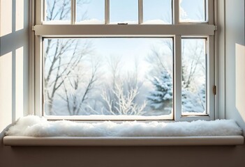 Fototapeta premium Empty winter window sill, sunlight, frost, free space for decoration, frost, view