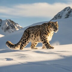 Fototapeta premium Snow leopard walking on snow