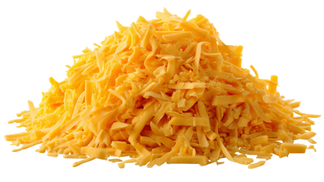 Grated cheddar cheese PNG cutout — high-resolution shredded cheese isolated on transparent background for food packaging mockups, menu design, e-commerce product listings, and recipe graphics